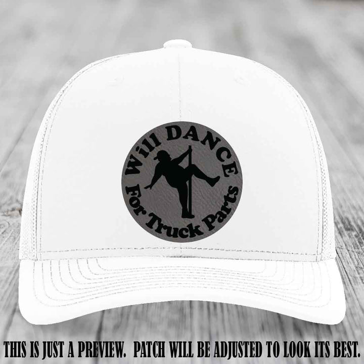 Richardson 112 leather patch hat – White Hat with 'Will Dance For Truck Parts' design on Grey to Black Patch