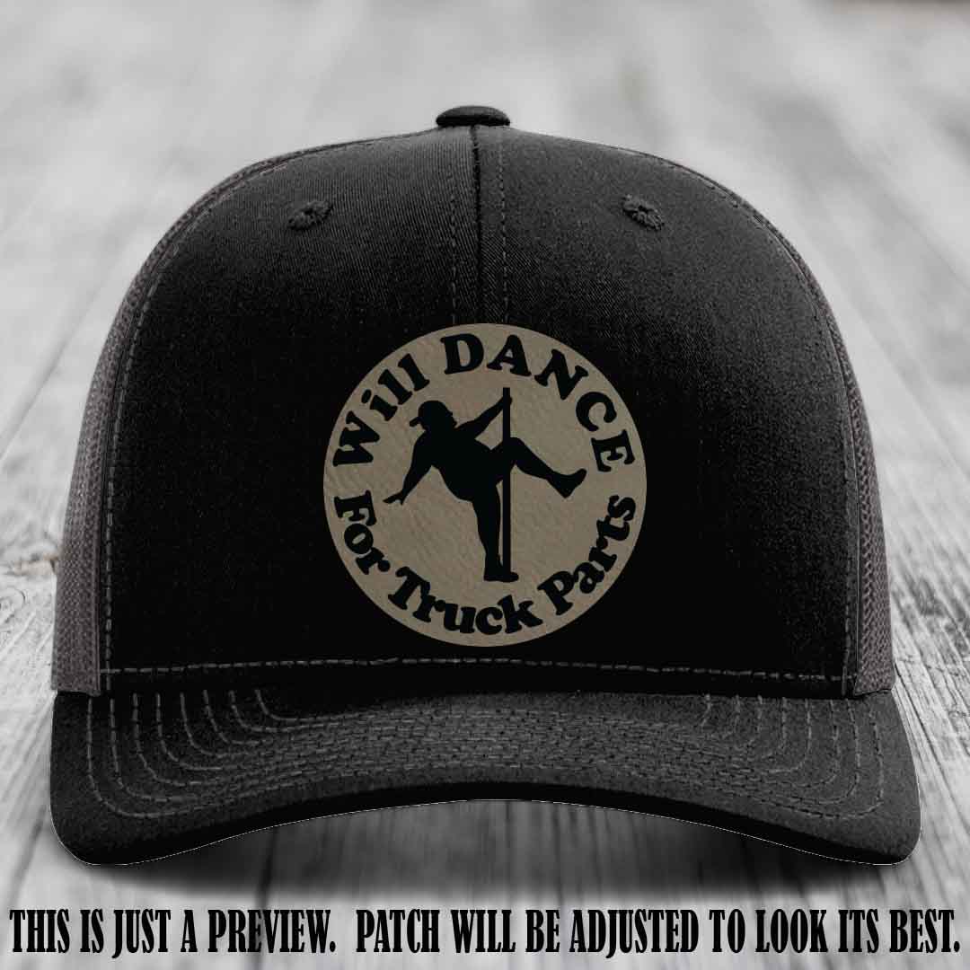 Richardson 112 leather patch hat – Black to Charcoal Hat with 'Will Dance For Truck Parts' design on Light Brown to Black Patch