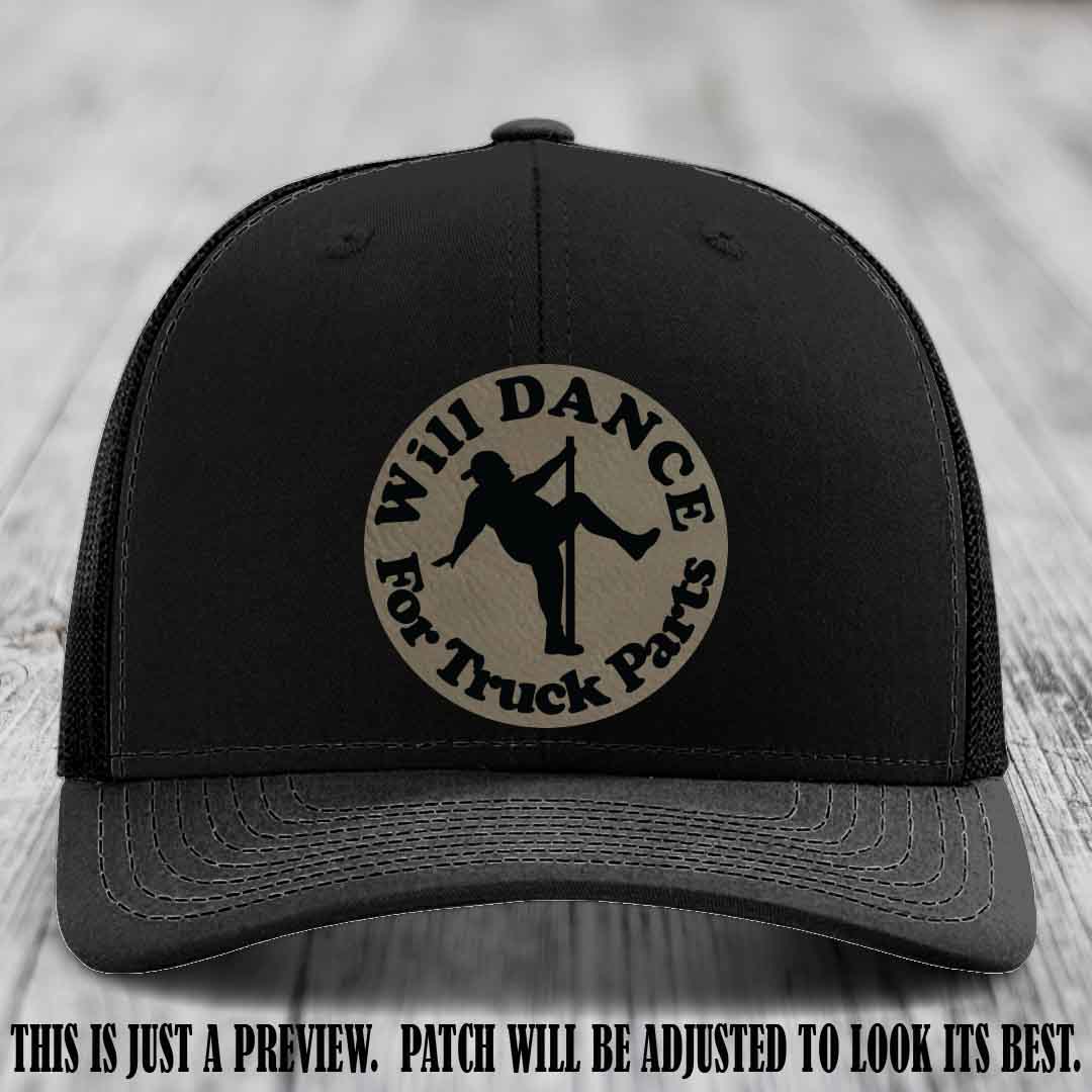 Richardson 112 leather patch hat – Black Hat with 'Will Dance For Truck Parts' design on Light Brown to Black Patch