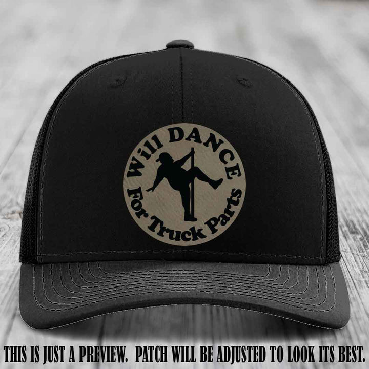 Richardson 112 leather patch hat – Black Hat with 'Will Dance For Truck Parts' design on Light Brown to Black Patch