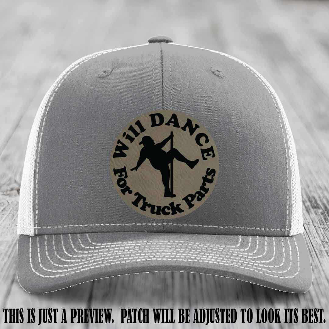 Richardson 112 leather patch hat – Heather Grey to White Hat with 'Will Dance For Truck Parts' design on Light Brown to Black Patch