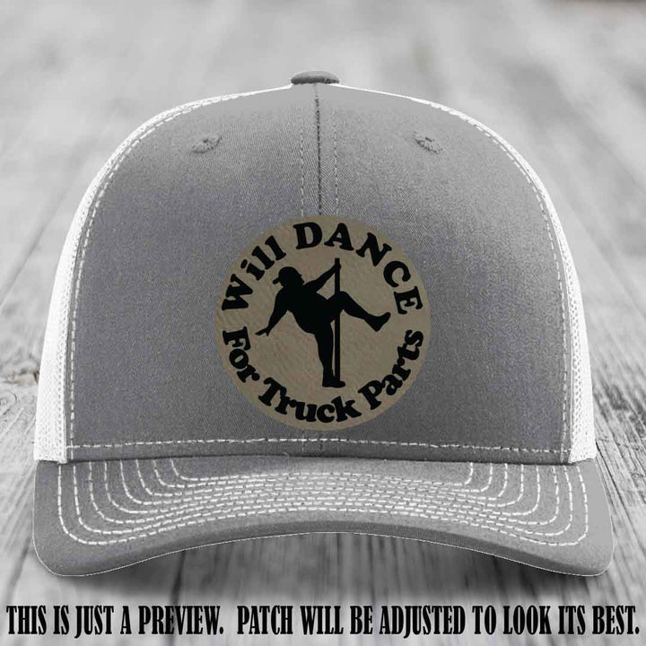 Richardson 112 leather patch hat – Heather Grey to White Hat with 'Will Dance For Truck Parts' design on Light Brown to Black Patch
