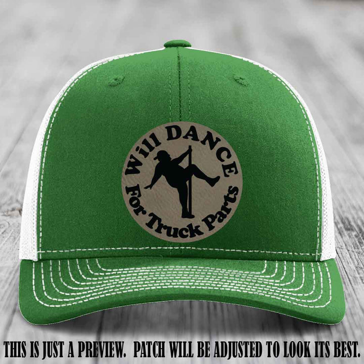 Richardson 112 leather patch hat – Kelly to White Hat with 'Will Dance For Truck Parts' design on Light Brown to Black Patch