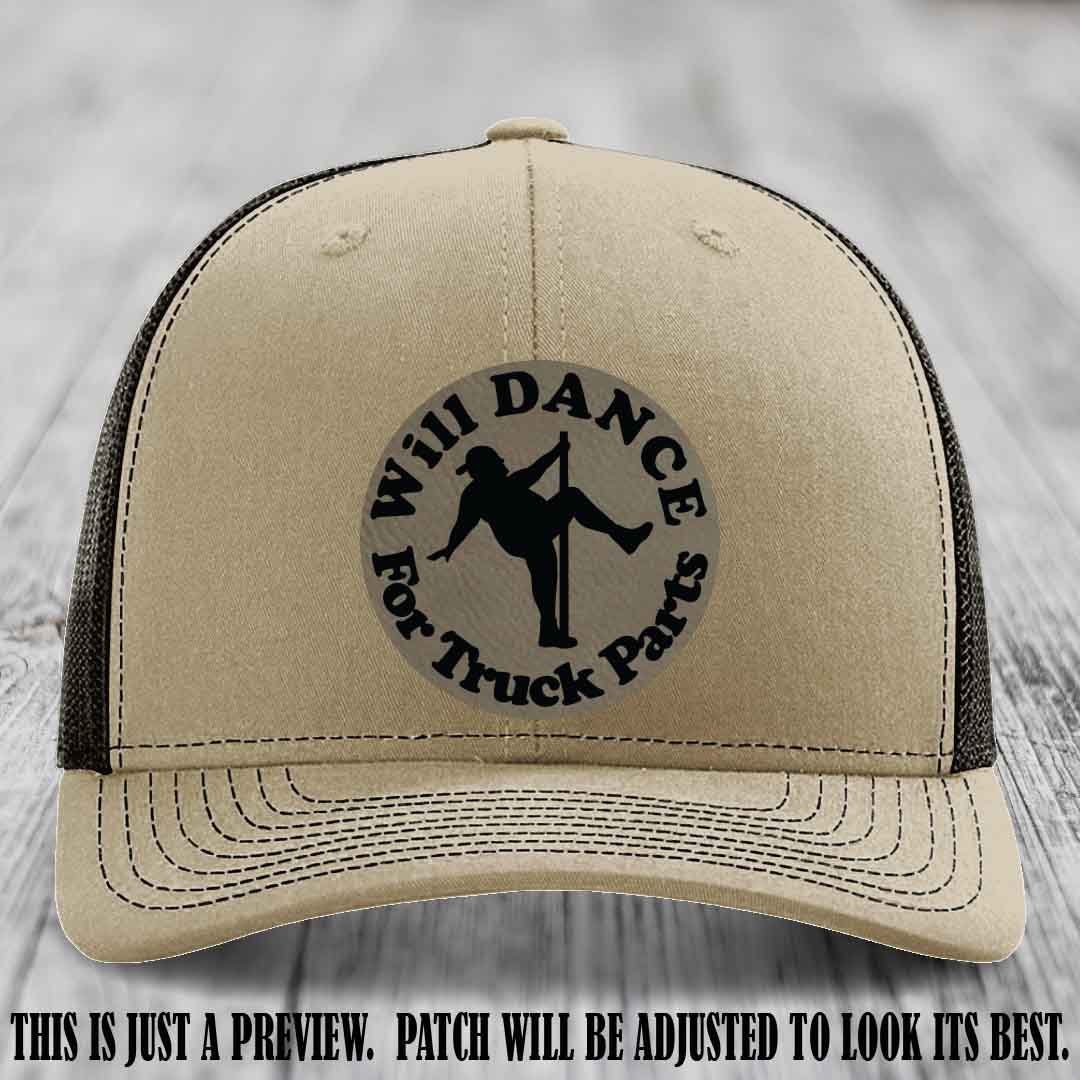 Richardson 112 leather patch hat – Khaki to Coffee Hat with 'Will Dance For Truck Parts' design on Light Brown to Black Patch