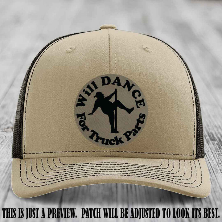 Richardson 112 leather patch hat – Khaki to Coffee Hat with 'Will Dance For Truck Parts' design on Light Brown to Black Patch