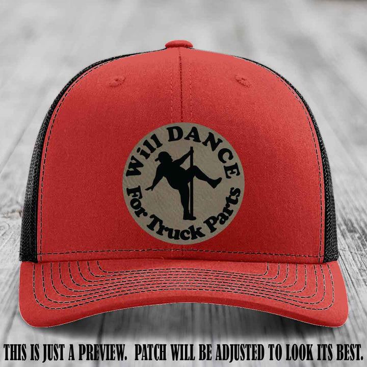 Richardson 112 leather patch hat – Red to Black Hat with 'Will Dance For Truck Parts' design on Light Brown to Black Patch