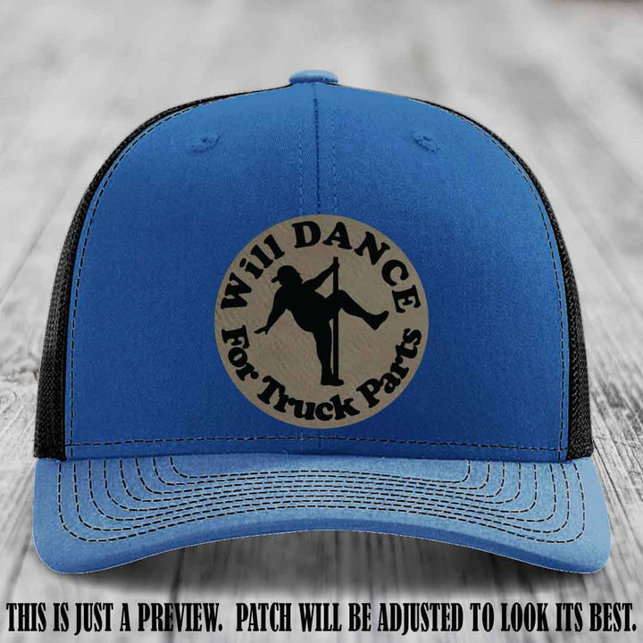 Richardson 112 leather patch hat – Royal to Black Hat with 'Will Dance For Truck Parts' design on Light Brown to Black Patch
