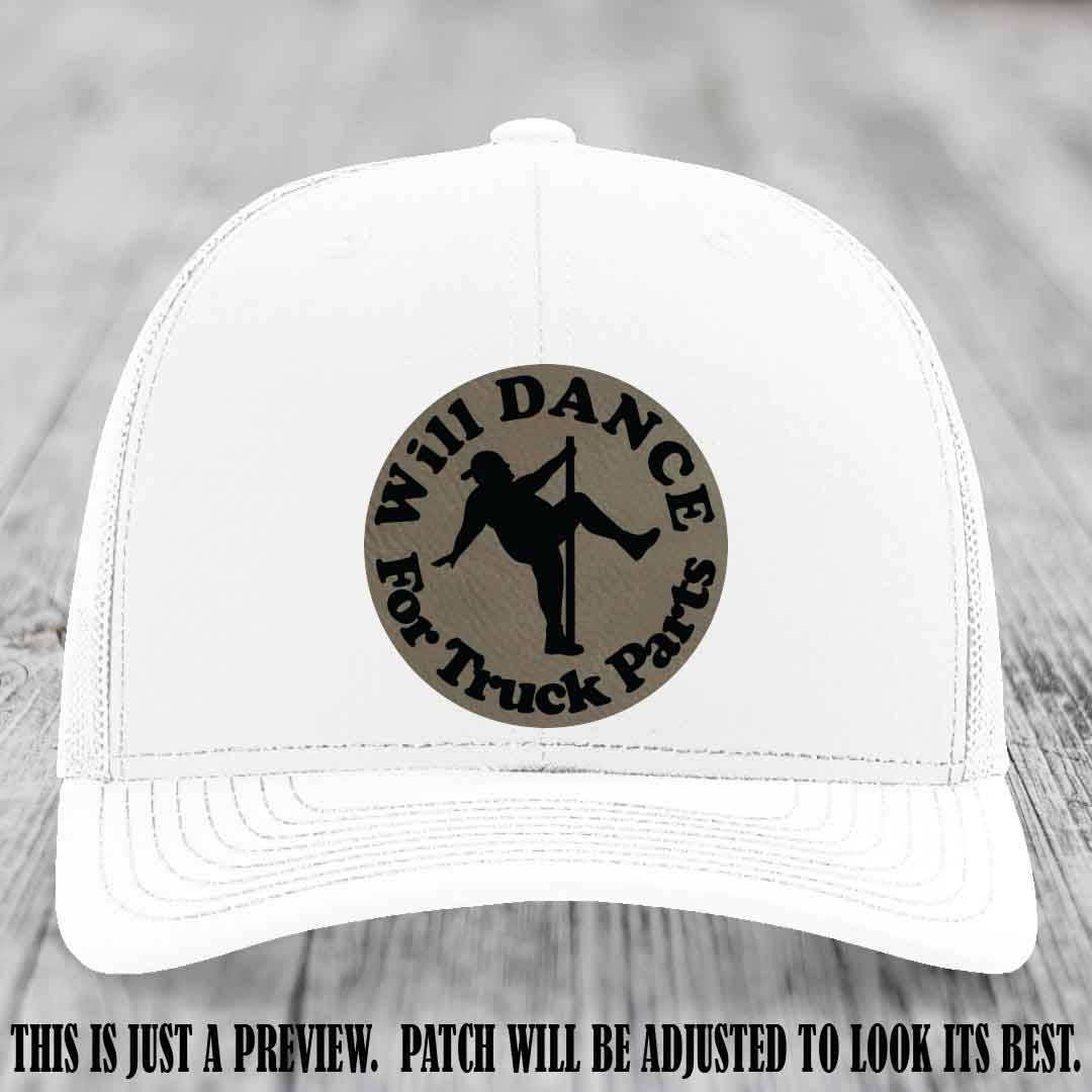 Richardson 112 leather patch hat – White Hat with 'Will Dance For Truck Parts' design on Light Brown to Black Patch
