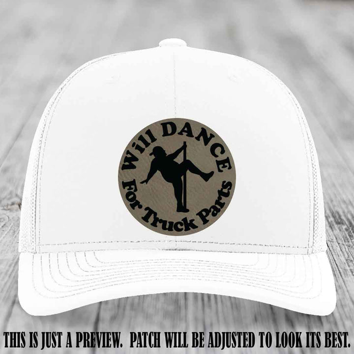 Richardson 112 leather patch hat – White Hat with 'Will Dance For Truck Parts' design on Light Brown to Black Patch