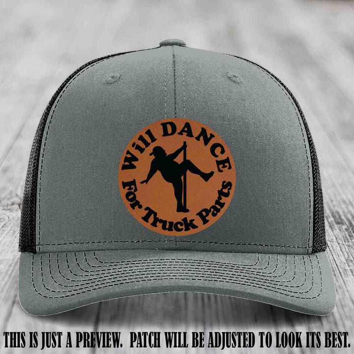 Richardson 112 leather patch hat – Heather Grey to Black Hat with 'Will Dance For Truck Parts' design on Rawhide to Black Patch
