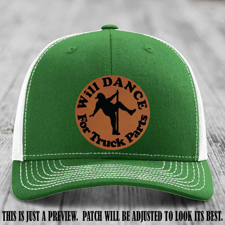 Richardson 112 leather patch hat – Kelly to White Hat with 'Will Dance For Truck Parts' design on Rawhide to Black Patch