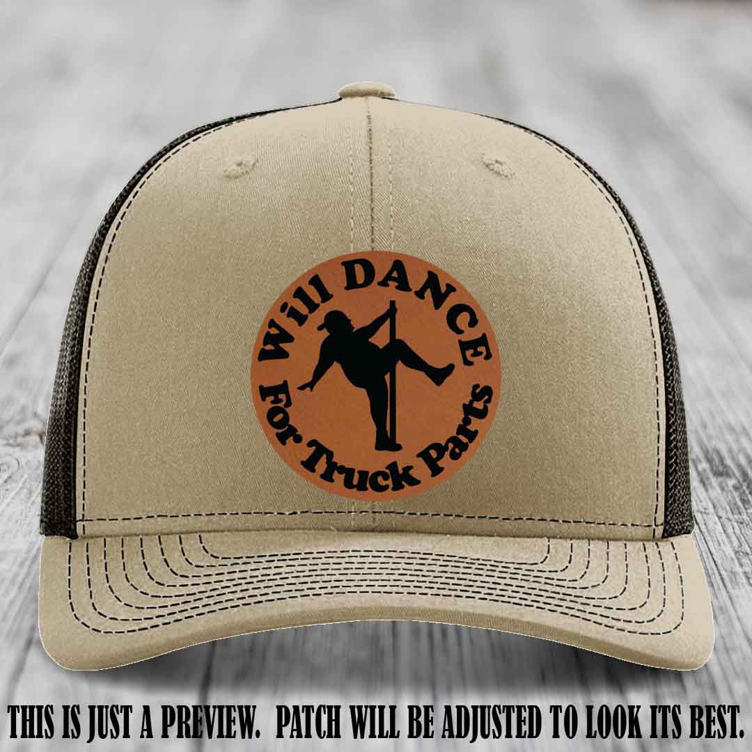 Richardson 112 leather patch hat – Khaki to Coffee Hat with 'Will Dance For Truck Parts' design on Rawhide to Black Patch