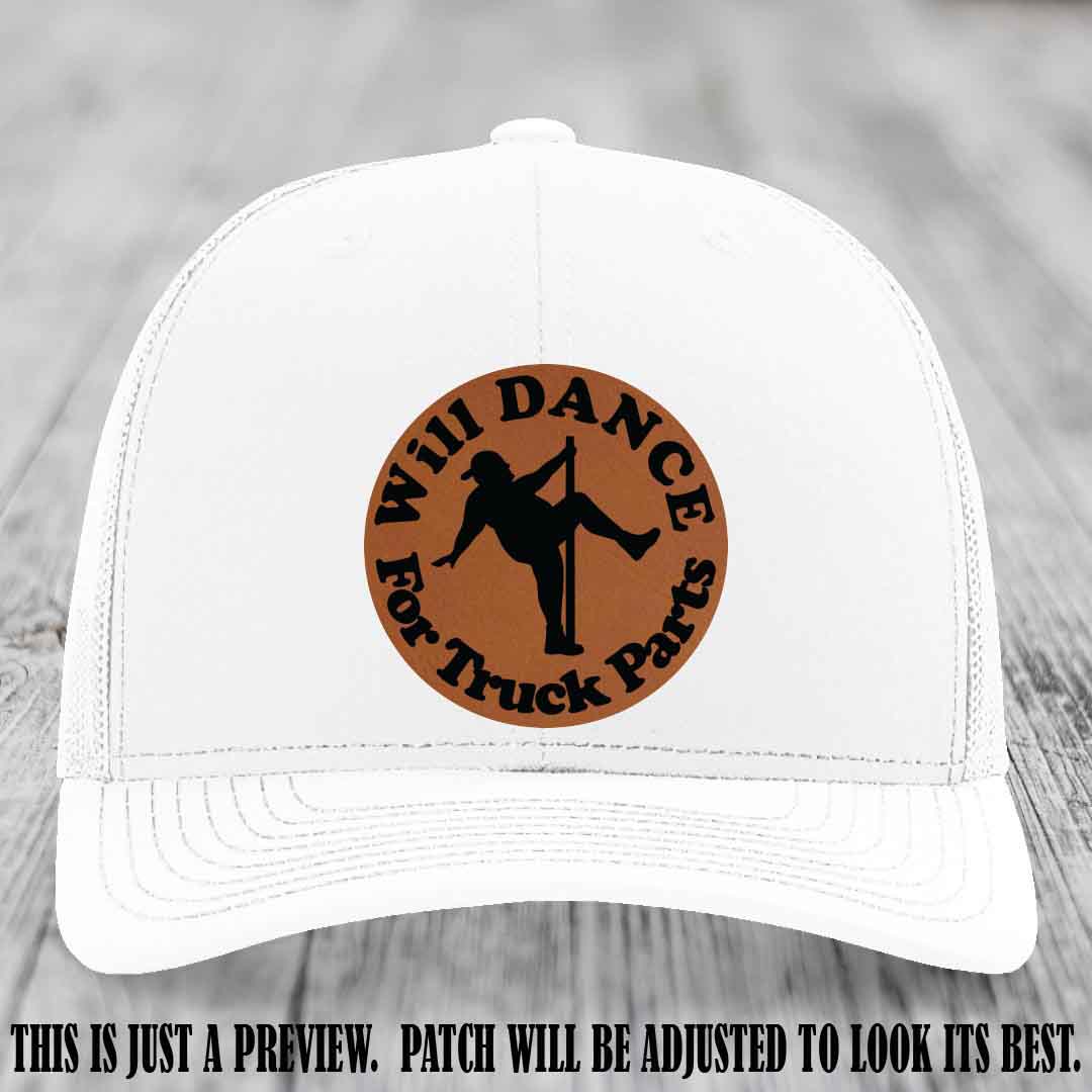 Richardson 112 leather patch hat – White Hat with 'Will Dance For Truck Parts' design on Rawhide to Black Patch