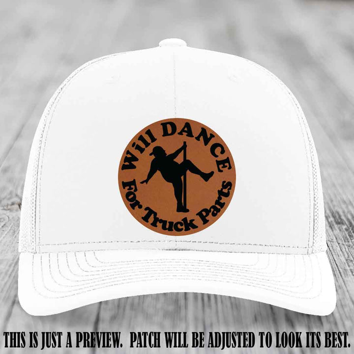 Richardson 112 leather patch hat – White Hat with 'Will Dance For Truck Parts' design on Rawhide to Black Patch