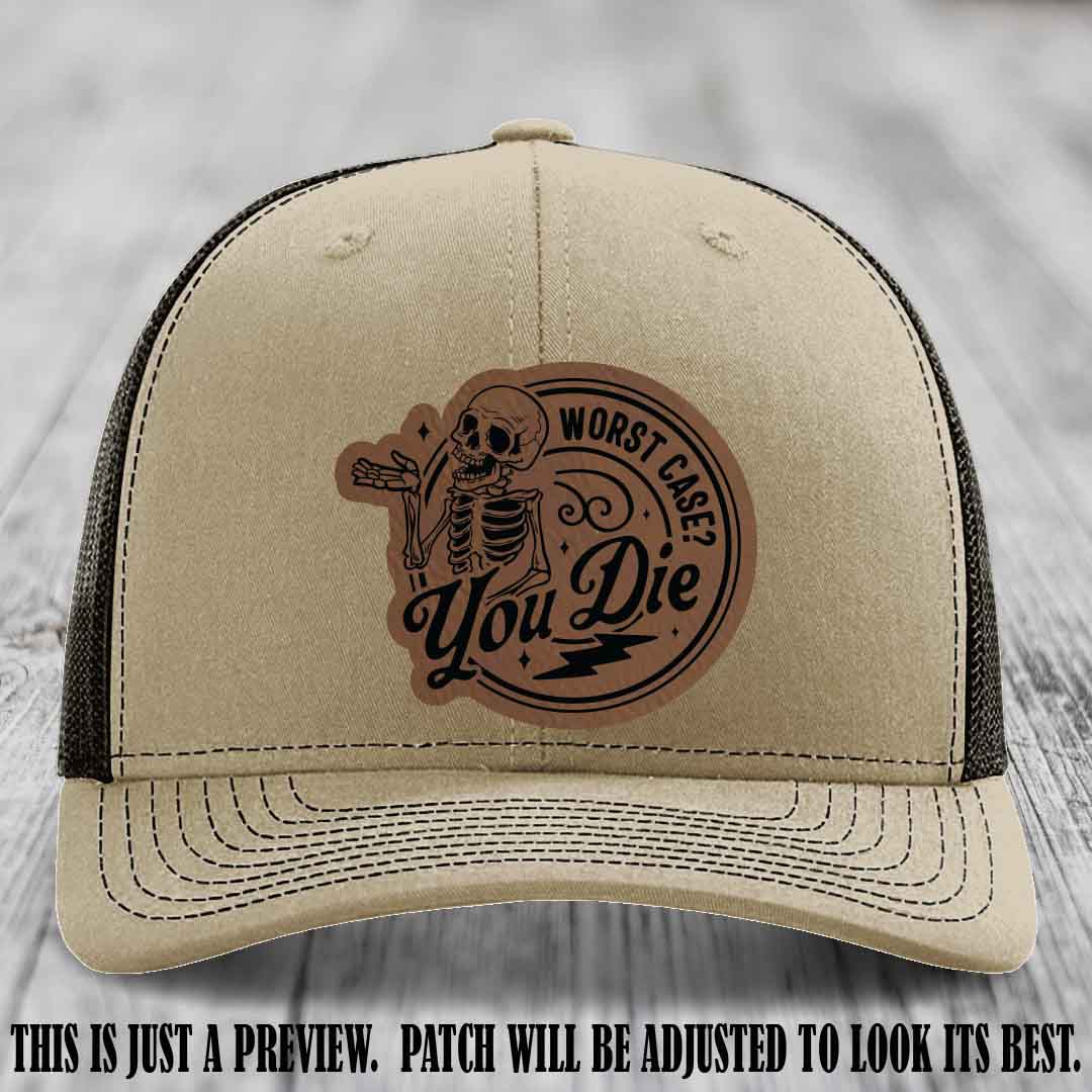 Richardson 112 Khaki to Coffee Hat with Dark Brown to Black Patch featuring skeleton and phrase 'Worst Case? You Die'