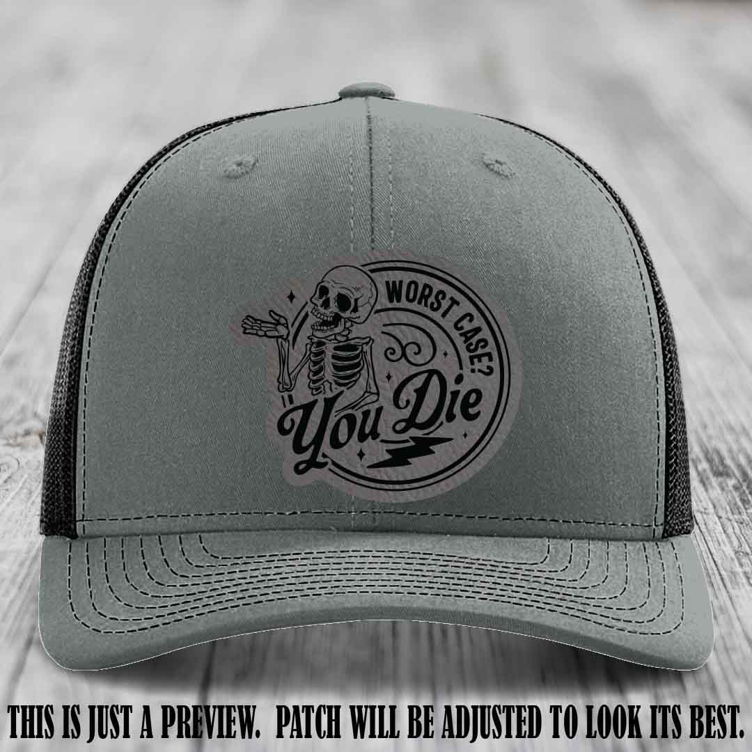 Richardson 112 Heather Grey to Black Hat with Grey to Black Patch featuring skeleton and phrase 'Worst Case? You Die'