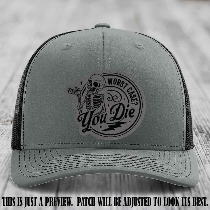 Richardson 112 Heather Grey to Black Hat with Grey to Black Patch featuring skeleton and phrase 'Worst Case? You Die'