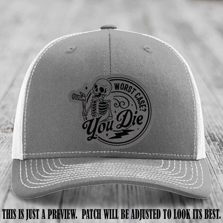 Richardson 112 Heather Grey to White Hat with Grey to Black Patch featuring skeleton and phrase 'Worst Case? You Die'