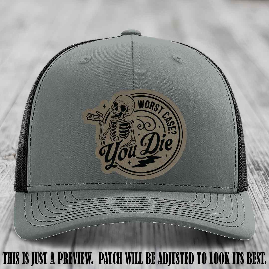 Richardson 112 Heather Grey to Black Hat with Light Brown to Black Patch featuring skeleton and phrase 'Worst Case? You Die'