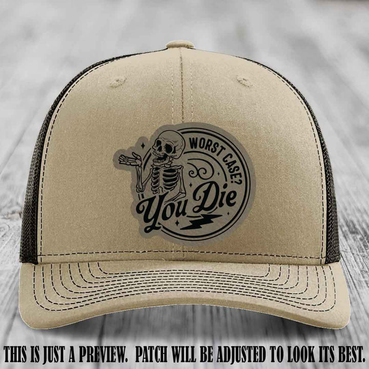 Richardson 112 Khaki to Coffee Hat with Light Brown to Black Patch featuring skeleton and phrase 'Worst Case? You Die'