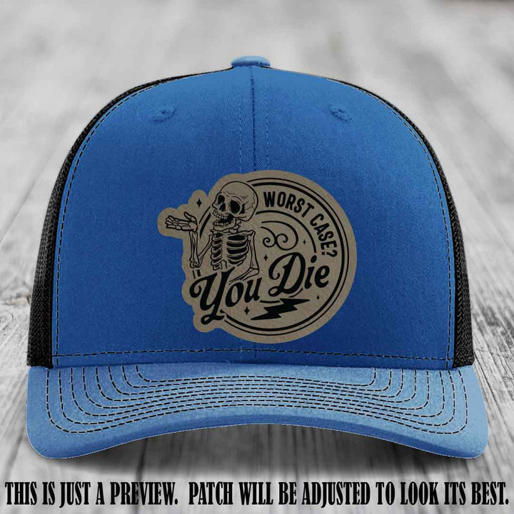 Richardson 112 Royal to Black Hat with Light Brown to Black Patch featuring skeleton and phrase 'Worst Case? You Die'