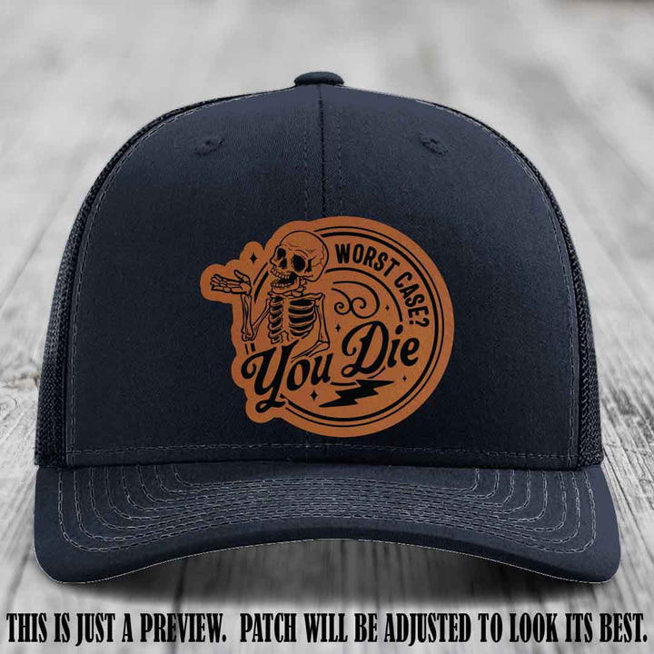 Richardson 112 Navy Hat with Rawhide to Black Patch featuring skeleton and phrase 'Worst Case? You Die'