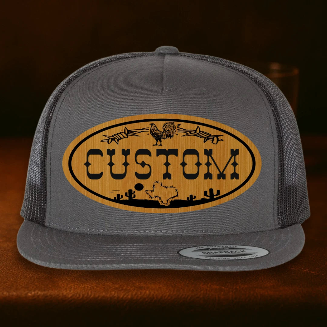 Lonestar Rooster Personalized Leather Patch Hat - Yupoong 6006 Charcoal To Black