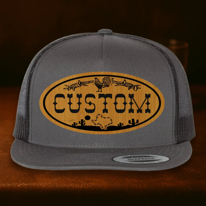 Lonestar Rooster Personalized Leather Patch Hat - Yupoong 6006 Charcoal To Black