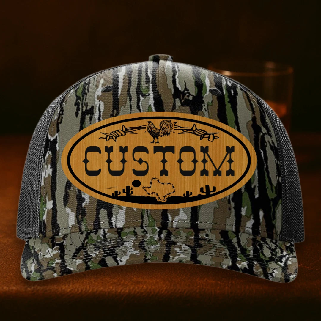 Lonestar Rooster Personalized Leather Patch Hat - Richardson 112PFP Realtree Original To Black