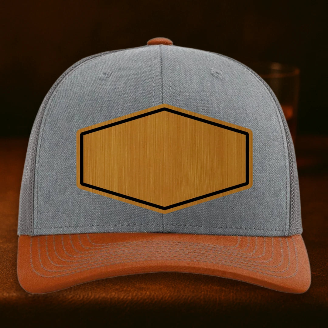 Upload Your Logo Custom Leather Patch Hat - Richardson 112 Heather Grey To Charcoal To Dark Orange
