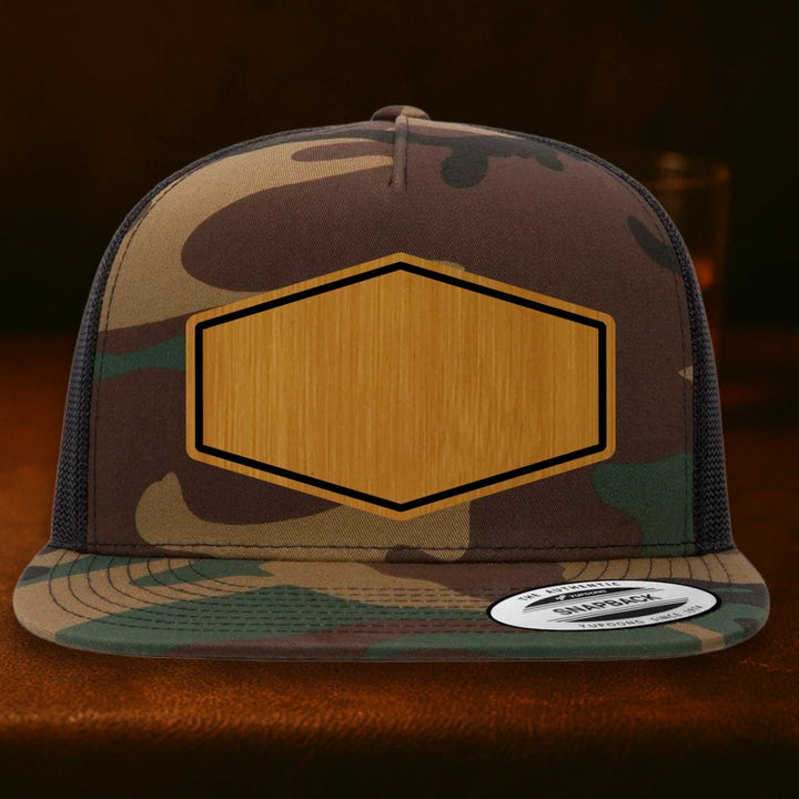 Upload Your Logo Custom Leather Patch Hat - Yupoong 6006 Green Camo To Black