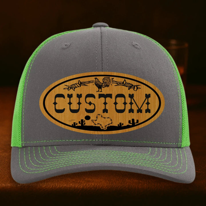 Lonestar Rooster Personalized Leather Patch Hat - Richardson 112 Charcoal To Neon Green