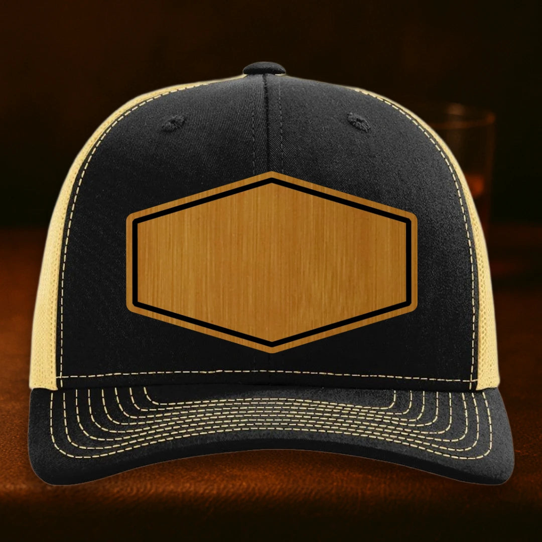 Upload Your Logo Custom Leather Patch Hat - Richardson 112 Black To Vegas Gold
