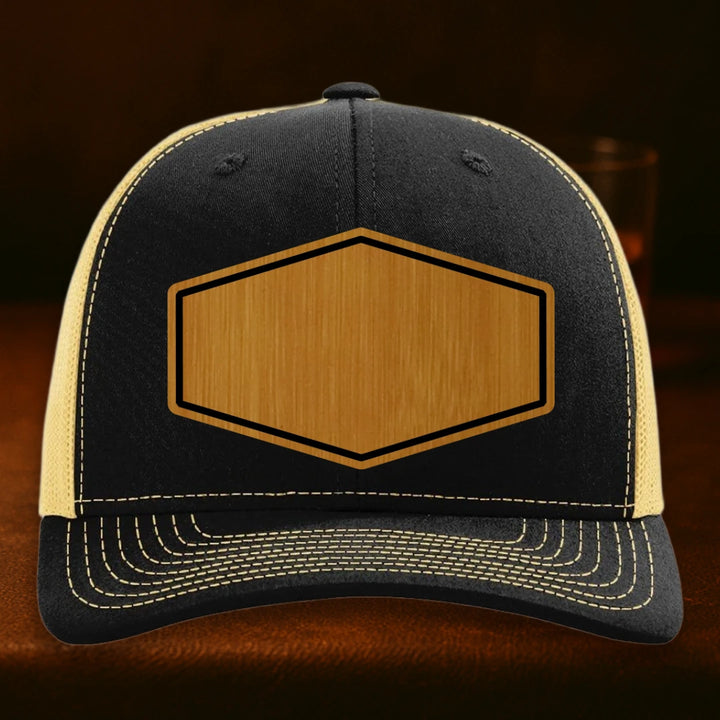 Upload Your Logo Custom Leather Patch Hat - Richardson 112 Black To Vegas Gold
