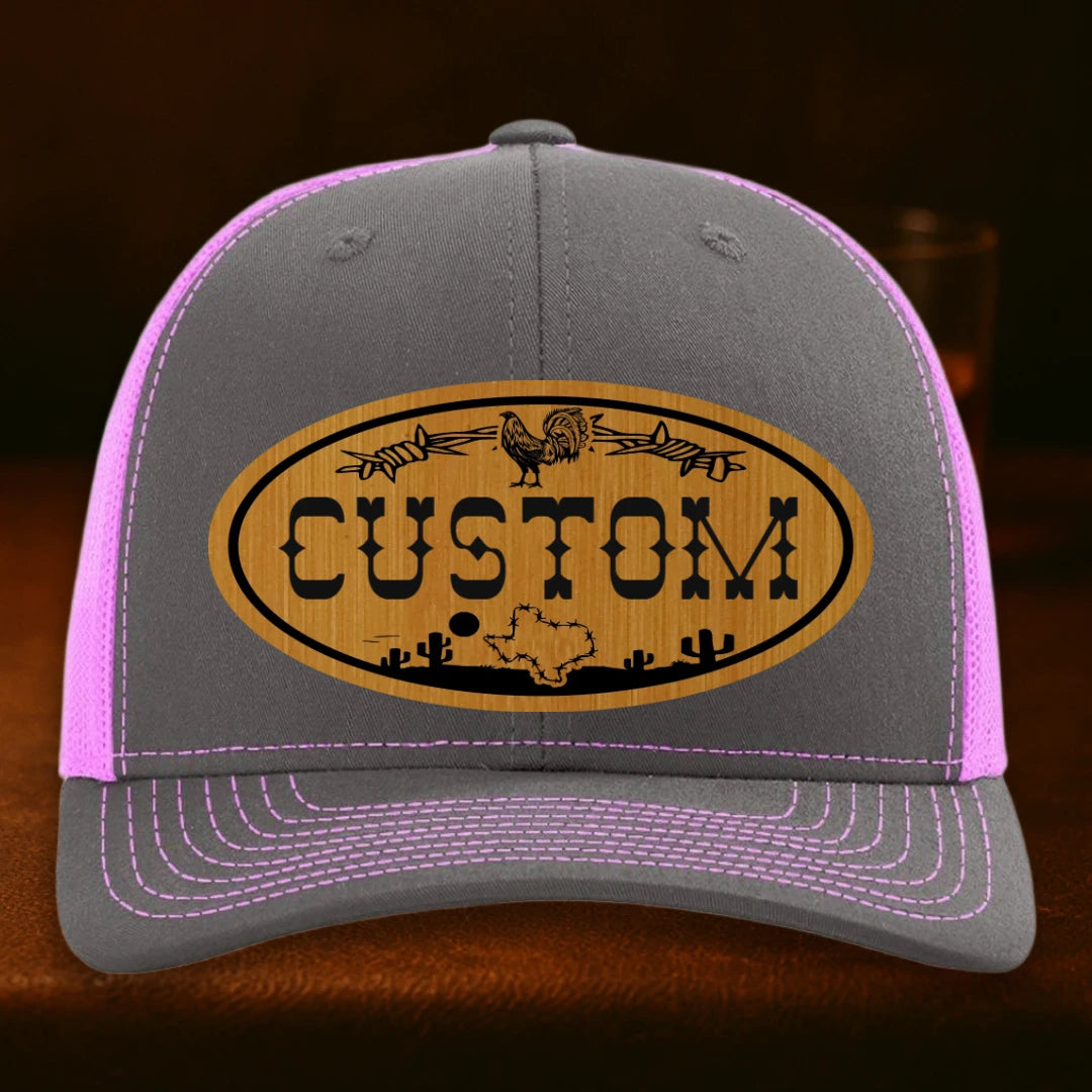 Lonestar Rooster Personalized Leather Patch Hat - Richardson 112 Charcoal To Neon Pink