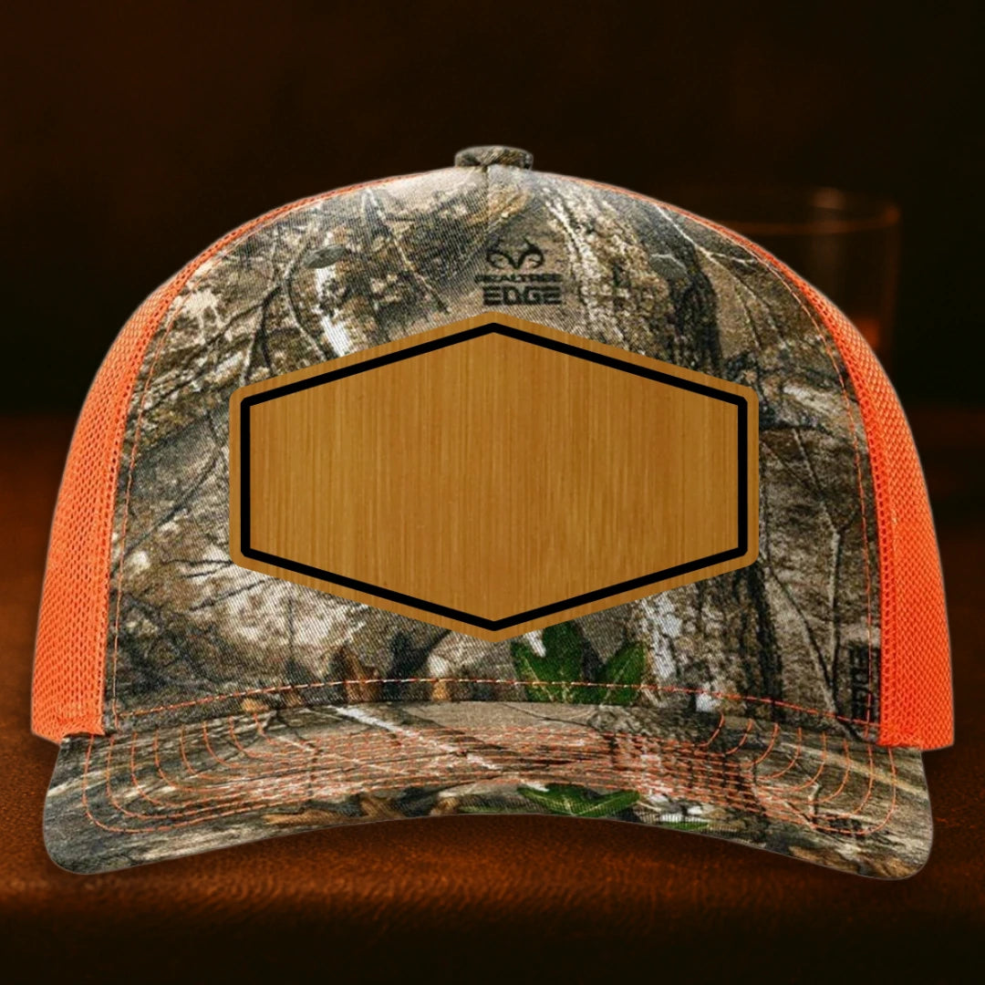 Upload Your Logo Custom Leather Patch Hat - Richardson 112PFP Realtree Edge To Neon Orange