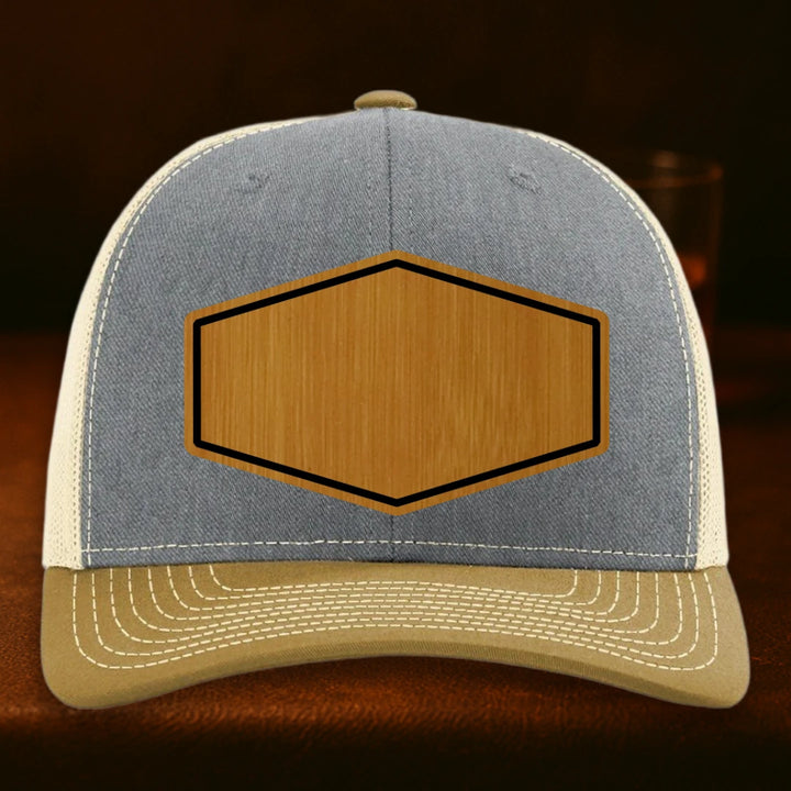 Upload Your Logo Custom Leather Patch Hat - Richardson 112 Heather Grey To Birch To Amber Gold