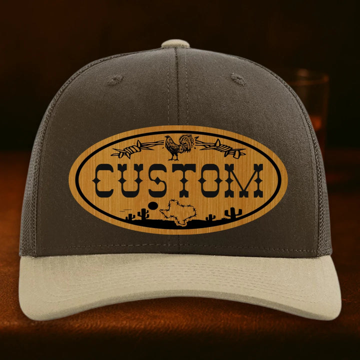 Lonestar Rooster Personalized Leather Patch Hat - Richardson 112 Brown To Khaki Combo