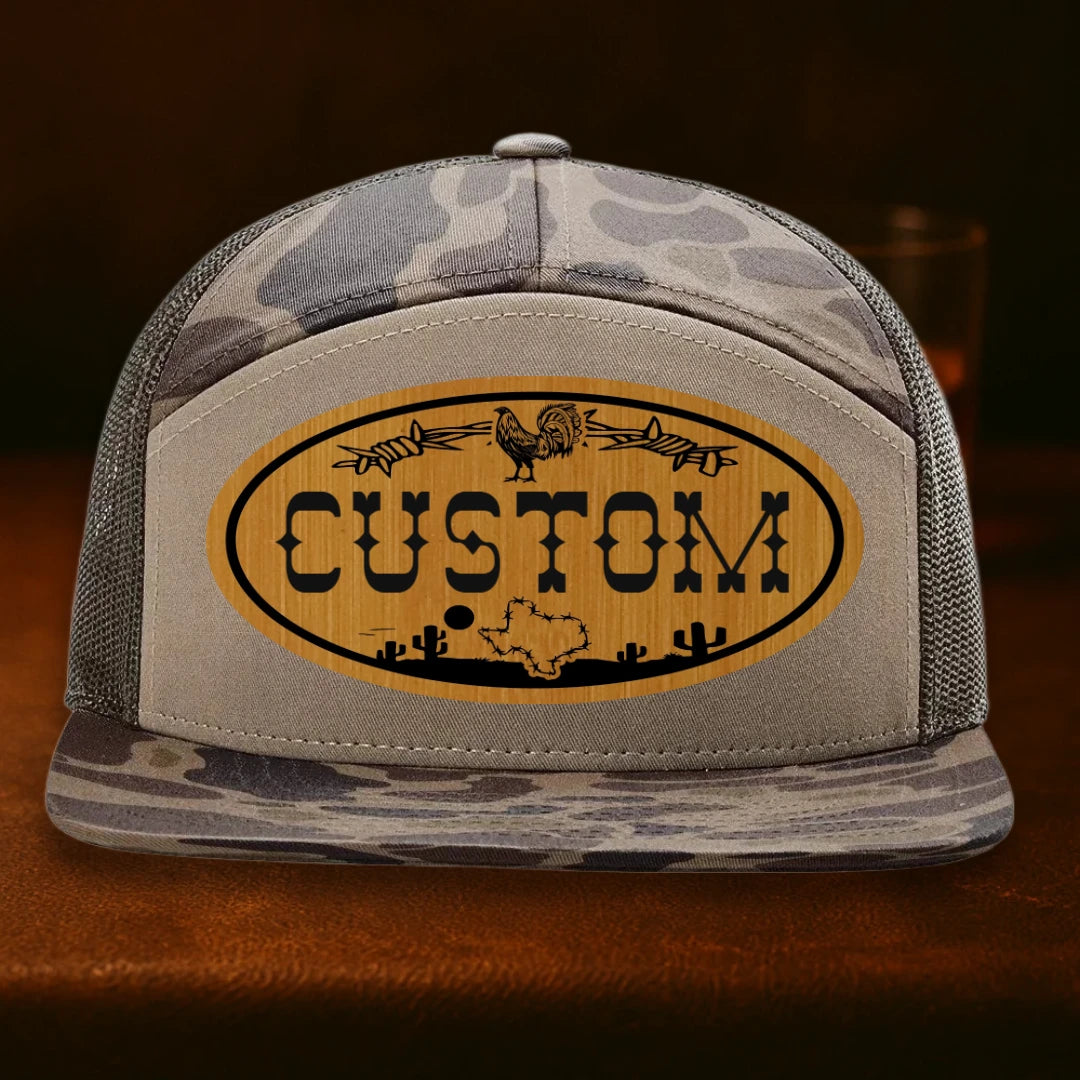 Lonestar Rooster Personalized Leather Patch Hat - Richardson 168P Bark Duck Camo To Brown