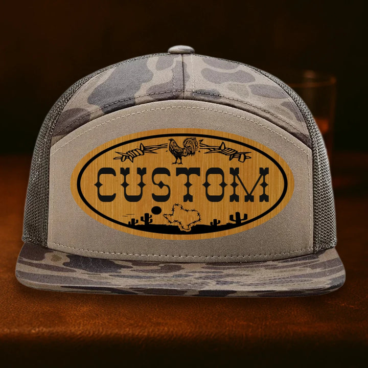 Lonestar Rooster Personalized Leather Patch Hat - Richardson 168P Bark Duck Camo To Brown
