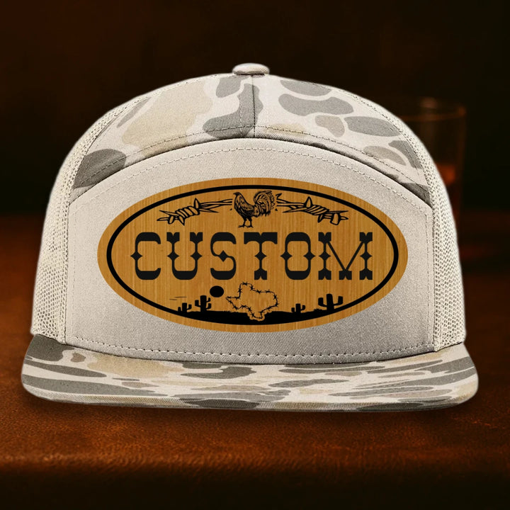 Lonestar Rooster Personalized Leather Patch Hat - Richardson 168P Harvest Duck Camo To Sandstone