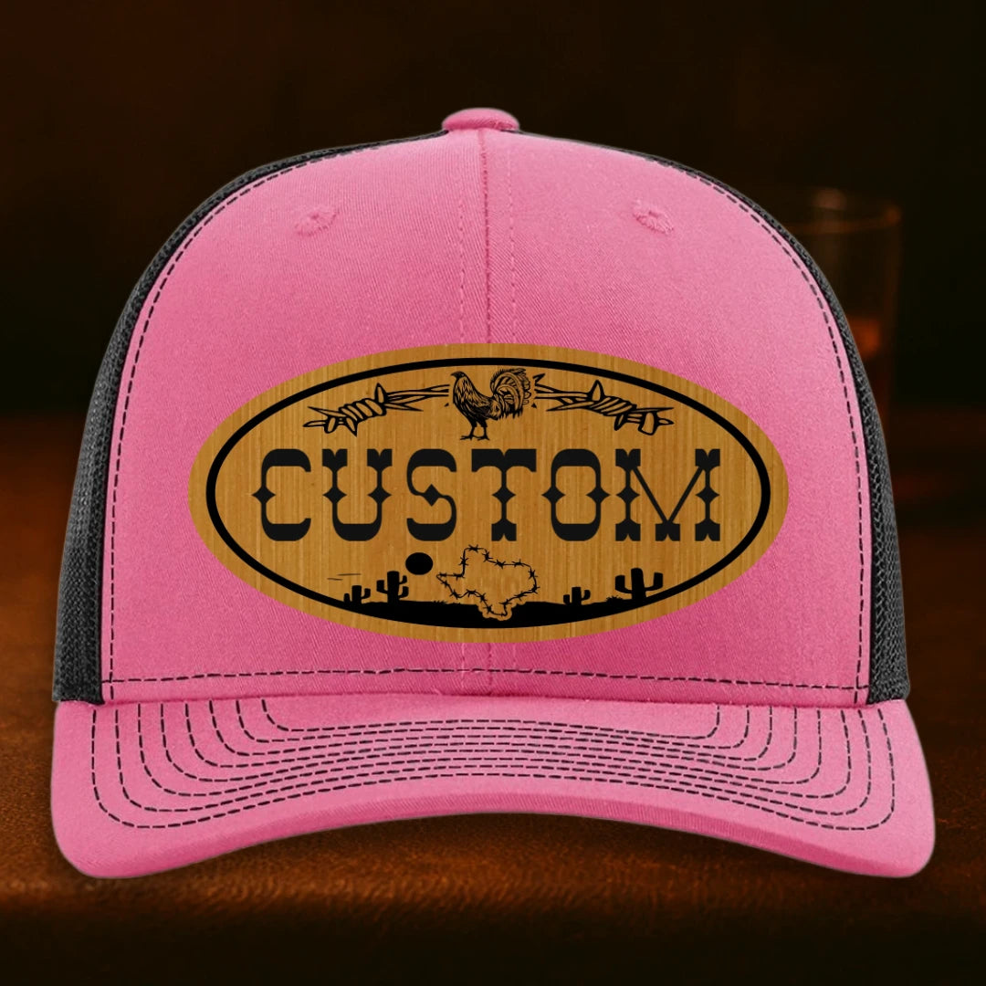 Lonestar Rooster Personalized Leather Patch Hat - Richardson 112 Hot Pink To Black