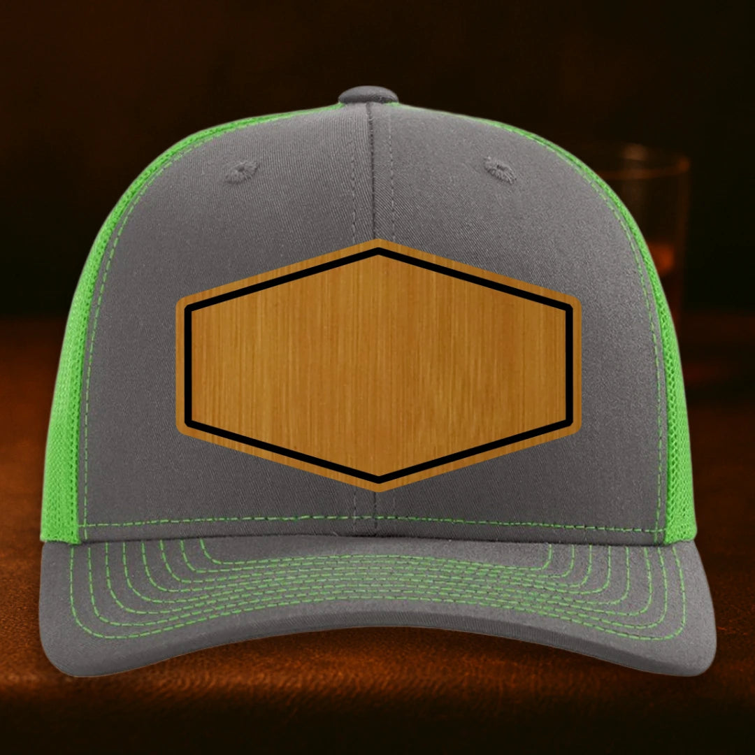 Upload Your Logo Custom Leather Patch Hat - Richardson 112 Charcoal To Neon Green