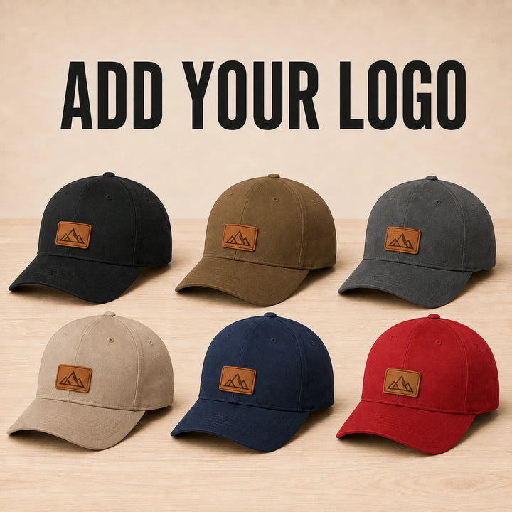 Custom Flexfit 6277 leather patch hats with your logo in six available colors
