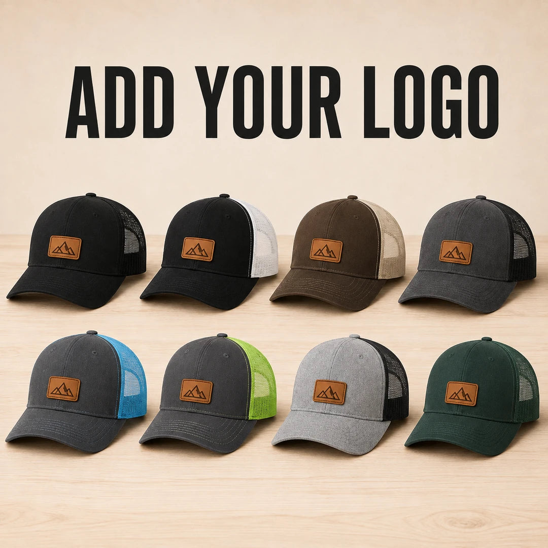 Custom Richardson 112 leather patch trucker hats with your logo in eight color combinations