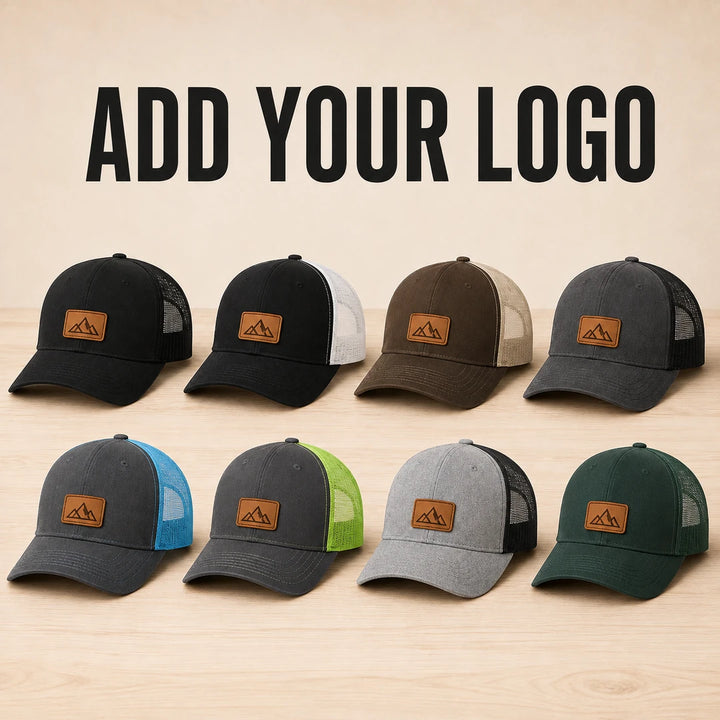 Custom Richardson 112 leather patch trucker hats with your logo in eight color combinations