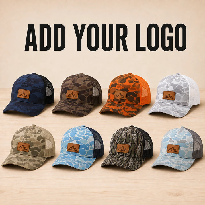 Custom Richardson 112PFP camo leather patch trucker hats with your logo in eight color combinations