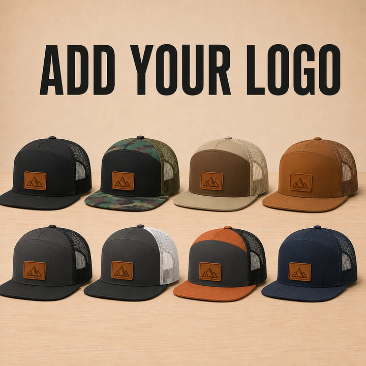 Custom Richardson 168 seven-panel leather patch trucker hats with your logo in eight color combinations