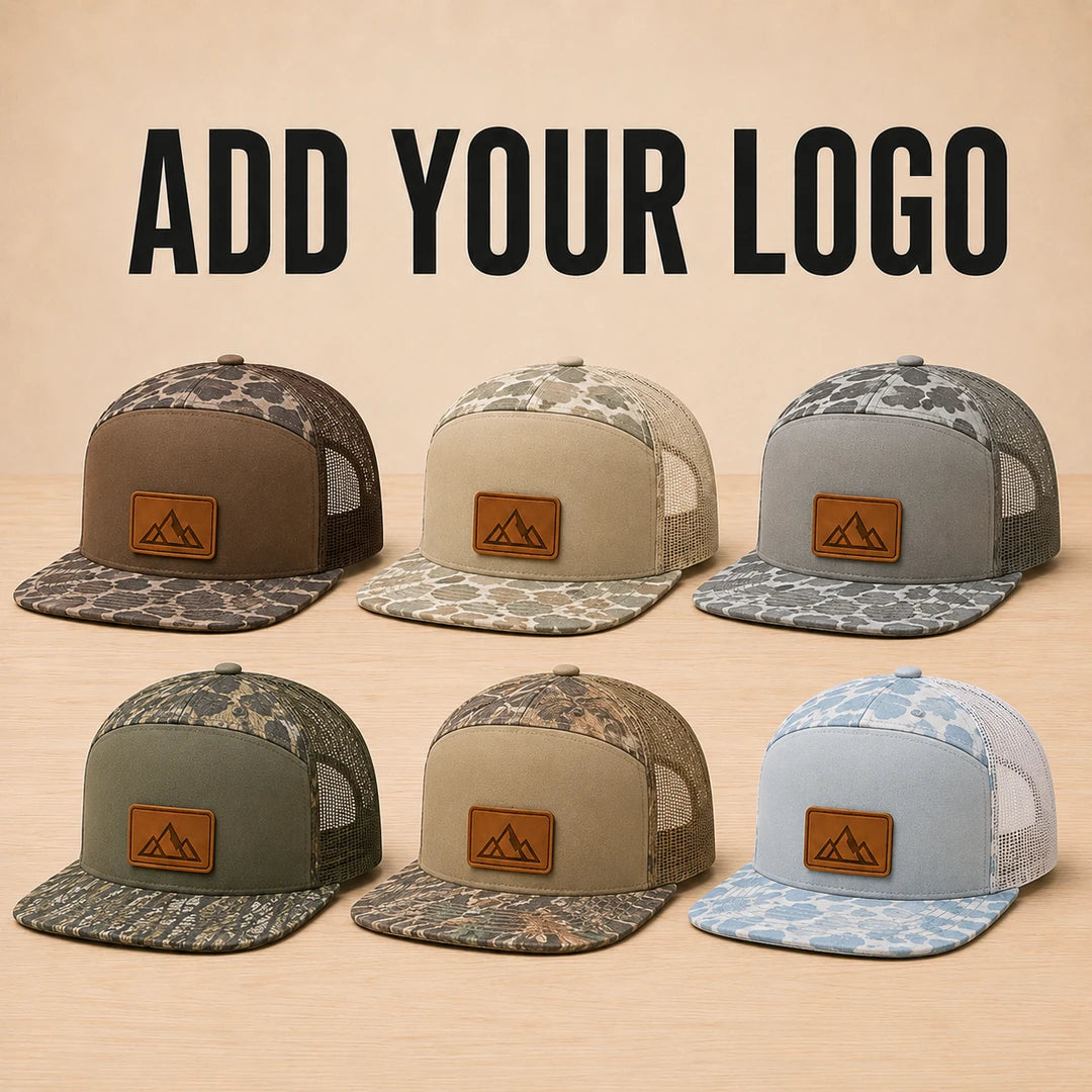 Custom Richardson 168P camo leather patch trucker hats with your logo in six color combinations