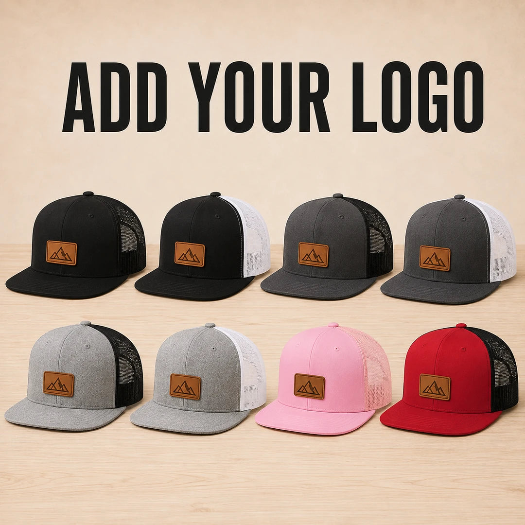 Custom Yupoong 6006 flat-bill leather patch trucker hats with your logo in eight color combinations